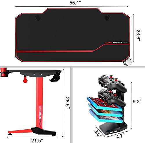 VIT 55 Inch Ergonomic Gaming Desk, T-Shaped Office PC Computer Desk with Full Desk Mouse Pad, Gamer Tables Pro with USB Gaming Handle Rack, Stand Cup Holder&Headphone Hook (55 inch, Red) - Thumbnail 6