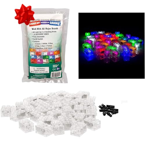 SCS Direct Light Up Building Bricks - Set of 40 Blocks w On/Off Switch + Brightness Dim Ability - 8 Compatible Tight Fit w All Major Brands - STEM Holiday Xmas Stocking Stuffer Gift for Kids