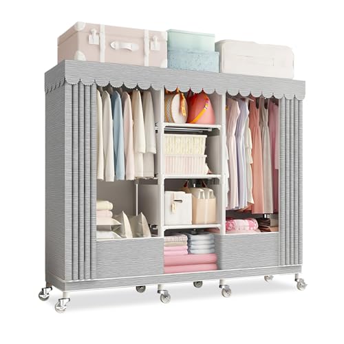 FOLREORP Armoire en Tissu Solide avec Housse roulettes Armoire de Rangement en Métal avec Barre de Suspension et étagères Penderie Pliante pour Salon,...