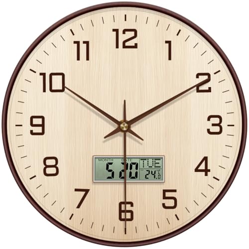 Image of ginoya brothers 12 Inch Silent Non-Ticking Silent Wall Clock, Modern Round Analog & Digital Display (Temp /Calendar) Decorative Clock, Easy to Read for Home, Living Room, Office (Cream-Brown Digital)