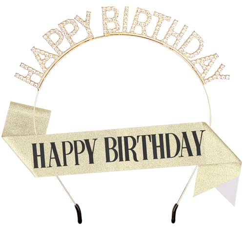 Dimetey Birthday Crowns for Women,Happy Birthday Sash & Tiara for Women Girl,Rhinestone Princess Headband and Accessories (Gold)