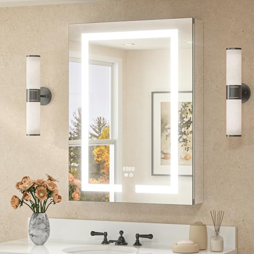 TETOTE 24 x 32 LED Lighted Medicine Cabinet with Lights & Outlets & USB, Recessed or Surface Mount Medicine Cabinet Mirror for Bathroom with Storage, Tempered Glass, 3-Color Dimming, Adjustable Shelf