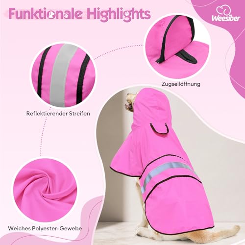 Weesiber Regenmantel Hund - Hunderegenmantel Wasserdicht Regenjacke Hund Reflektierend mit Leinenloch, Regencape für Hunde Mit Kapuze (L, Rosa)