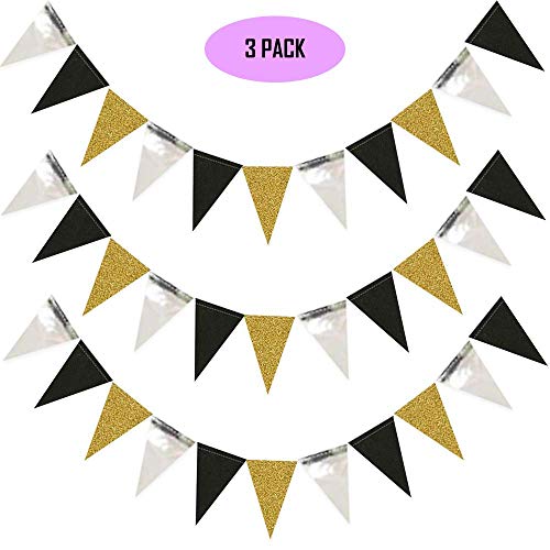 MerryNine - Banderines triangulares de bandera, 3 unidades, 30 pies, estilo vintage, para bodas, baby shower, eventos y fiestas, 78 banderas Negro Plata Oro