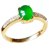 Vesppears Anillo de yoga natural de Feng Shui verde para mujer, calcedonia fluorescente S925, chapado en oro, piedra preciosa, jade