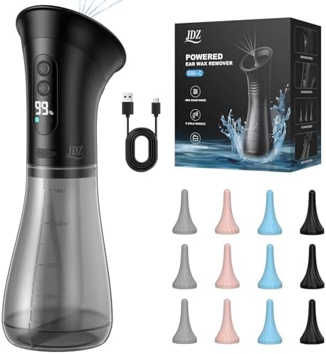 JDZ Ear Wax Removal Kit, Electric Ear Cleaner with Irrigation Flushing System, Safe & Effective Ear Cleaning Tool with LED Display, 3 Pressure Modes, 12 Tips, IPX7