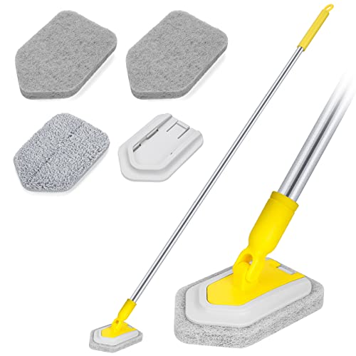 Long Handled Scrubbing Brush Telescopic Bathroom Tile Cleaner 2 in 1 Handheld Floor Scrubber Extendable Shower Cleaning Brush with 2 Scouring Pads 1 Microfiber for Bath Wall Glass