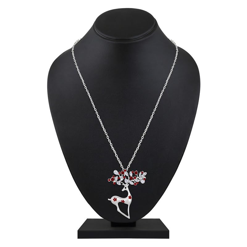 Red Crystals Deer Pendant Necklace with Long Chain