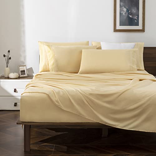 Image of Horbaunal Light Yellow Queen Size Sheet Set - 6 Piece Luxury 1800 Thread Count Bedding Sheets & Pillowcases - 16 Inch Deep Pocket Microfiber Bedding Set - Soft & Wrinkle Bed Sheets