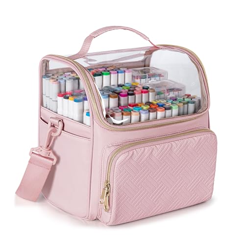Rexmica Estojo organizador grande para 180 marcadores, bolsa de armazenamento de marcadores para marcadores, pincéis, lápis de cor ou outros materiais de arte com divisórias e alça de ombro, rosa