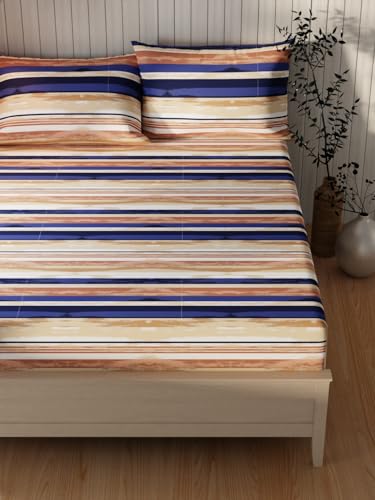 Image of KOPA Extra Smooth Cotton Double Bedsheet with 2 Pillow Covers -3pc Set (Lopez) | Extra Smooth Cotton | 1 Double Bedsheet with 2 King Size Pillow Covers Stripe-lt.Brown