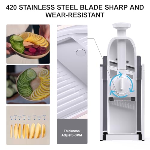 ZTQCSQ Safe Mandoline Slicer for Kitchen, Meal Prep, Potato Slicer, Adjustable/Easy to Clean/Storage, Kitchen Chopping Artifact, French Fry Cutter, Paring Knife/Cleaning Brush (only Slice, LightGray)
