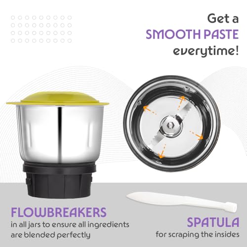 Image of Borosil Max 500 W Mixer Grinder | Wet & Dry Mixing, Grinding & Blending | 3 Jars with PP Lid (1.2 L Blending, 0.8 L Grinder, 0.4 L Chutney Jar) | Mixie For Kitchen, Yellow | 2 Years Warranty