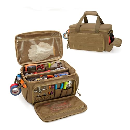 SH-RuiDu Multi-Functional Tool Bag for Men, Multi-pockets Heavy Duty Electrician Tool Bag, Tear-Resistant Wide Open Mouth Tool Storage Organiser for Mechanics, Electricians & DIY (Khaki)