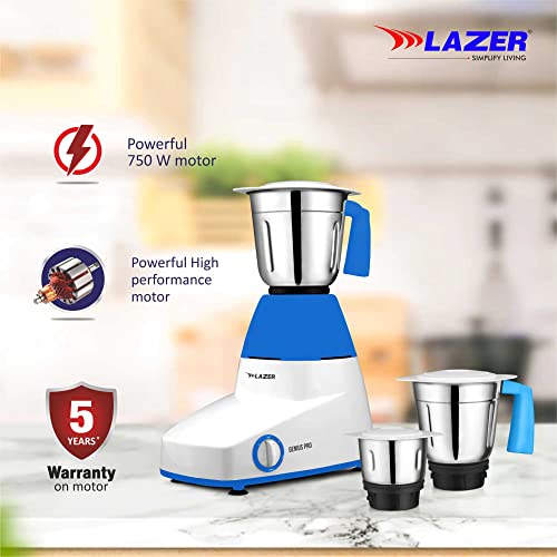 Image of Lazer Genius Pro 3 Jars 750W Mixer Grinder (White Blue)