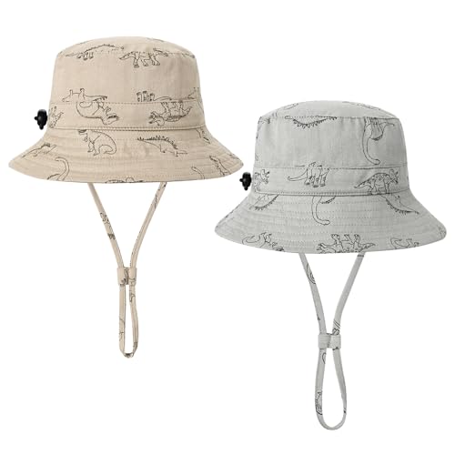 Baby Sun Hat Dinosaur UPF 50+ Beach Toddler Bucket Hat for Baby Boys, Toddler Kids Wide Brim Sun Hats Cap (US, Age, 2 Years, 4 Years, Khaki+Grey - 2pcs)