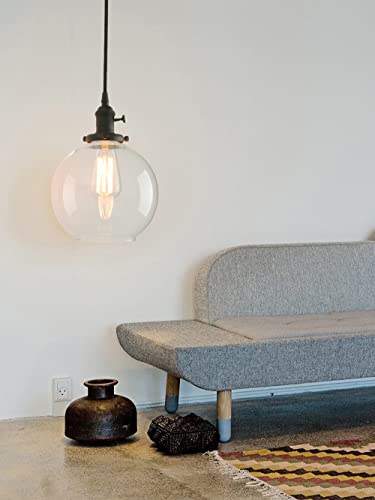Permo 1-Light Vintage Industrial Clear Glass Hanging Pendant Light With 7.9" Globe Round Shade (Black) #TOP2