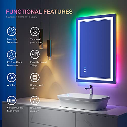 30x36 Inch RGB LED Bathroom Mirror with Lights, Color Changing RGB Backlit LED Mirror for Bathroom,Lighted Vanity Mirrors for Bathroom Wall, Dimmable, Anti-Fog (RGB Backlit+Front-Lit)