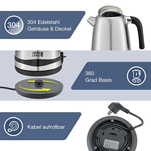 LEBENLANG Wasserkocher Edelstahl Temperatureinstellung – Leise, Temperaturanzeige & Warmhaltefunktion - 1,7 Liter & 2200W | Electric Kettle | Temperatur Edelstahl Wasserkocher Retro ohne Plastik