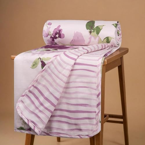 Image of HUESLAND 100% Cotton Reversible Dohar Toddler Size | Soft Cambric Weave, All Weather Light Comforter AC Quilt | Infants-New Born Blanket | 41 x 55 inches, Floral Fusion - Purple & Green