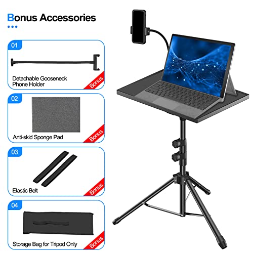 OUKMIC Projector Stand Laptop Tripod Stand Adjustable Height Tilt w/ Gooseneck Phone Holder, Universal Portable Projector Table Up to 50'' for Outdoor Movies DJ Equipment, Office Home Studio Stage Use - Thumbnail 6