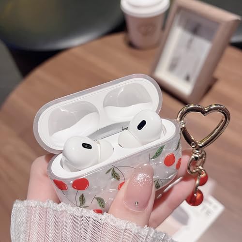 Image of MINSCOSE for AirPods Pro 2nd /1st Generation Case,Cute Glitter Cherry Leaves Pattern Design with Cherry Heart Shaped Keychain,Soft TPU Protective Shockproof Case for Airpods Pro /Pro 2-Red
