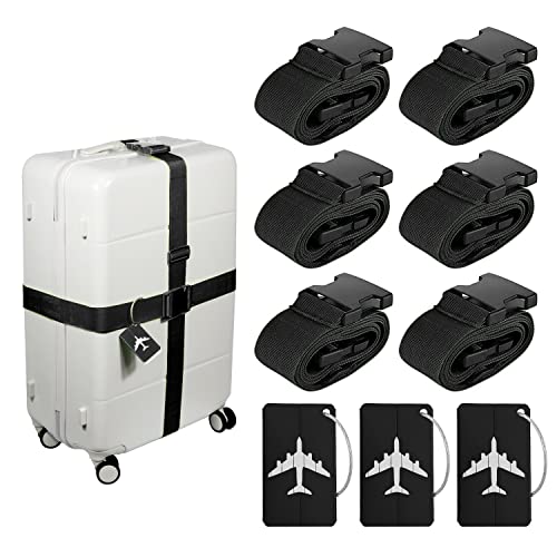 Bosillsm 6-Stück Koffergurt,Schwarz Kofferband Gurt GepäCkband, Kofferband Ideal üBer Kreuz und 3 KofferanhäNger GepäCkanhäNger für Tasche Sicher Reisen VerschließEn Der Koffers Auf Reisen Cover