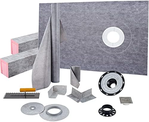 VEVOR Shower Curb Kit, 38"x60" Watertight Shower Curb Overlay with 4" ABS Offset Bonding Flange, 4" Stainless Steel Grate, 2 Cuttable Shower Curb and Trowel, Shower Pan Slope Sticks Fit for Bathroom