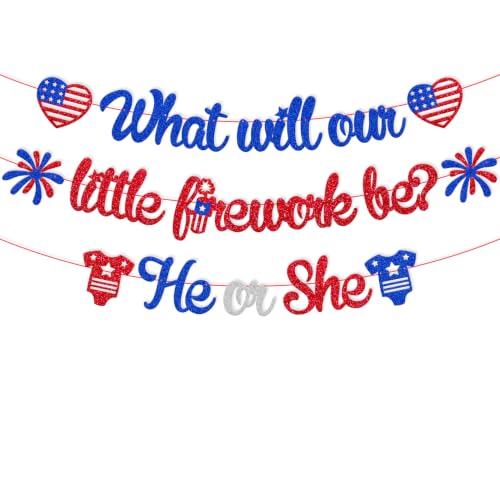 Image of What Will Our Little Firework Be He or She Banner 4th of July Garland | Independence Day Gender Reveal Party Decorations Red White & Blue Patriotic Baby Shower Party Supplies