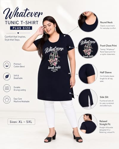 Image of In Love Women's Printed Cotton Plus Size Longline T-Shirt with Pockets | Cotton fabric - soft longline T-shirt with easy plus-size fit