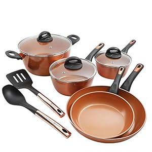 Gibson Home Eco-Friendly Hummington Induction Base Forged Aluminum Non-Stick Titanium Infused Ceramic Cookware with Soft Touch Bakelite Handle, 10-Piece Cookware Set, Metallic Copper