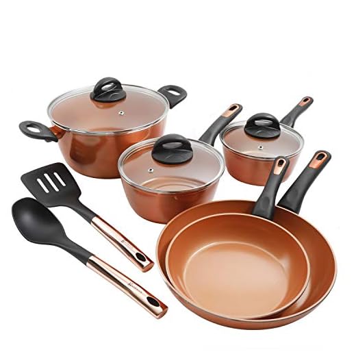 Gibson Home Eco-Friendly Hummington with Induction Base Forged Aluminum Non-Stick Ceramic Cookware with Soft Touch Bakelite Handle, 10-Piece Set, Metallic Copper
