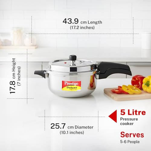 Prestige 5 Litre Stainless Steel Deluxe Alpha Svachh Outer Lid Deep Pressure Pan Cooker | 10Y Warranty | Deep Lid for Spillage Control | TRIPLY Base | GRS | Gas & Induction Compatible | ISI