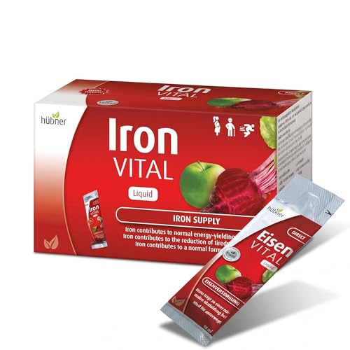 hbner Iron Vital Liquid Iron Supply Plus Vitamin C Dietary Supplement for Adults and Kids Vegan and Gluten-Free Fruit Flavor Box of 20 Packets 10 ml Each