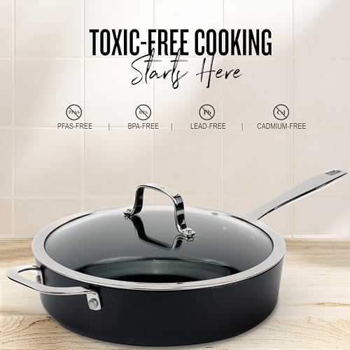 Alva Maestro Nonstick Ceramic Saute Pan with Glass Lid 4Qt. - Easy to Clean, Oven Safe and Made without PFAS, PFOA & PTFE - Induction and All Stovetop Compatible with Even Heat Distribution