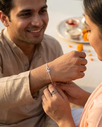 Image of Parnika 925 Pure 92.5 Sterling Silver Om Trishul Tripund Rudraksh Rakhi Bracelet for Brother | Hallmarked Silver Raksha Bandhan Rakhi | Premium Adjustable Rakhi Gift