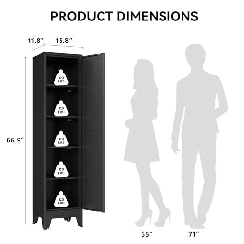 Image of COFaR 67 inch Slim Bathroom Storage Cabinet, Black Metal Storage Cabinet with Magnetic Door & 4 Adjustable Shelves, Slim Freestanding Cupboard for Office, Kitchen, Bathroom