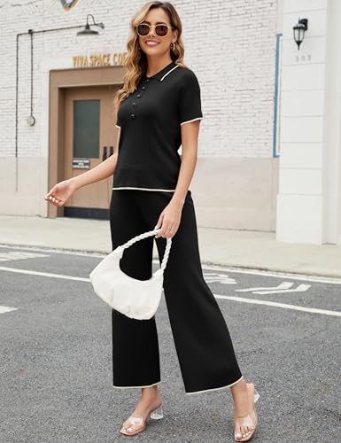 Tanming Two Piece Sets for Women Short Sleeve Polo Neck Tops Casual Lounge Set Wide Leg Pants Set Tracksuit3