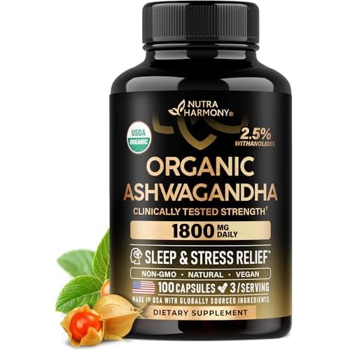 Ashwagandha Supplements 1800mg - USDA Organic Ashwagandha for Women & Men - Clinically Effective Strength for Stress Relief & Sleep - Powder & Root Ex