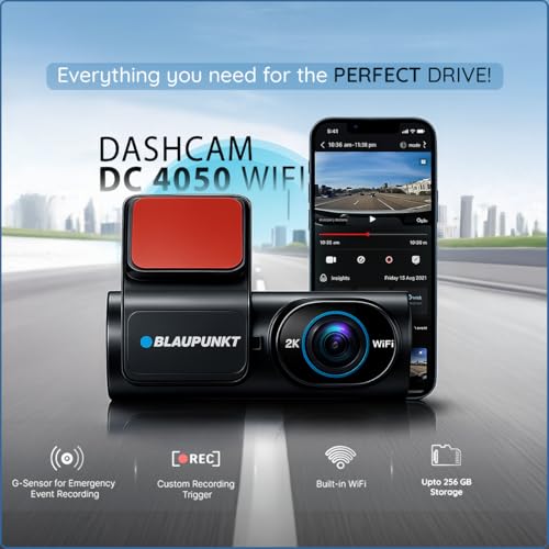 Image of Blaupunkt Dashcam-DC 4050 WiFi Dual Camera 2K +1080P,Dual Port Charger,Dashboard Mount,G Sensor,256GB SD Card Capability,Mobile APP,140 Wide Angle View,Built-in Mic and Speaker,Time & Date Stamp