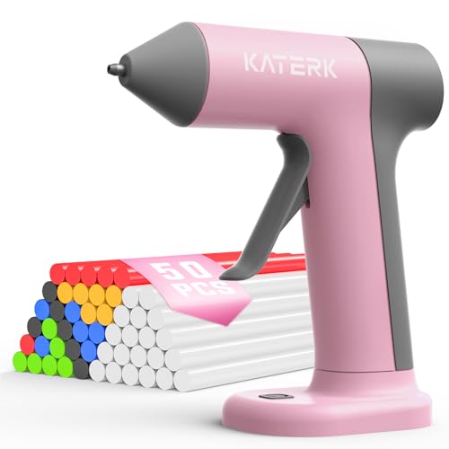 Katerk Cordless Hot Glue Gun, 30s Fast Heating & 50PCS Premium Mini Glue Sticks, 2500mAh Type-C Rechargeable, Compact & Portable, Auto Shut-Off, Perfect for DIY, School Crafts & Repairs (Pink)