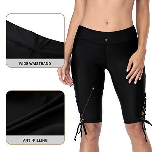 Shorts de natação femininos ATTRACO de cintura alta, calcinha de natação lisa, Black Side Drawstring