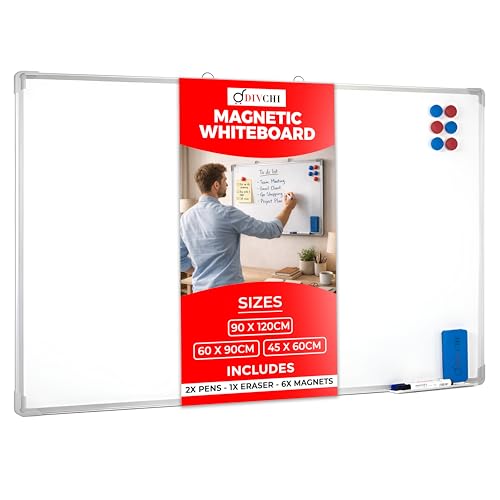 DIVCHI Magnetic Whiteboard for Wall Dry Wipe Board with Aluminum Frame & Pen Tray | Dry Erase Writing Board for Home Office & School (90 x 120 cm)