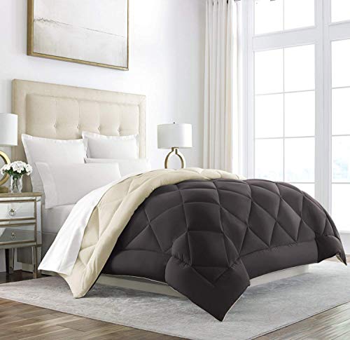 Sleep Restoration Full Queen Comforter - Reversible Duvet Insert, Down Alternative Hotel Bedding for Year-Round Comfort - Brown Cream