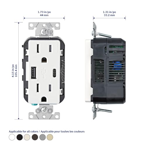 Image of Leviton T5633-E Type A & Type-C USB in-Wall Charger with 15A Tamper-Resistant Outlet, USB Charger for Smartphones and Tablets. Not for Laptops, Black