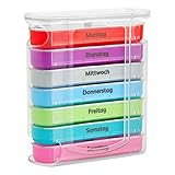 WELLGRO Tablettenbox für 7 Tage, Pillendose je 4 Fächer pro Tag, Medikamentenbox Kunststoff BPA-frei, Farbe wählbar, Farbe:Bunt