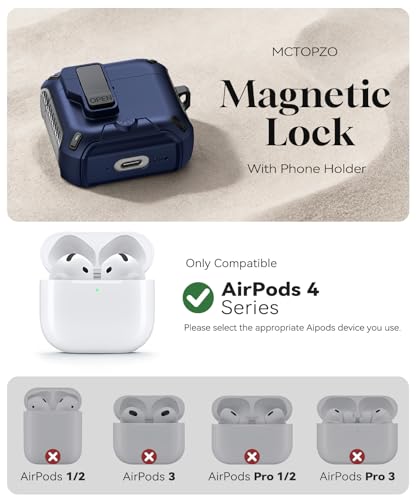Image of for AirPods 4 Case with Lock (Blue) | Compatible with MagSafe,with Phone Stand,with Automatic Snap Switch Carbon Fiber Design Protection Cover with Cleaning Pen