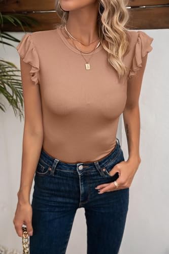 Image of VICHYIE Summer Women Ruffle Cap Sleeve Pretty Fitted Shirt | Ribbed Knit, Basic, Casual, Fashion Blouse, Solid Color