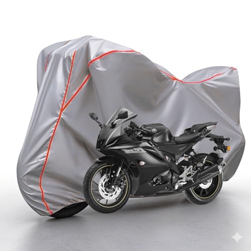 Image of Waterproof Bike Body Cover Compatible with Yamaha R15 Dustproof Scratchproof - Motorcycle Cover for Two Wheeler, Outdoor Full Cover with UV, Duty, Rain Protection (Silver & Red) R1A