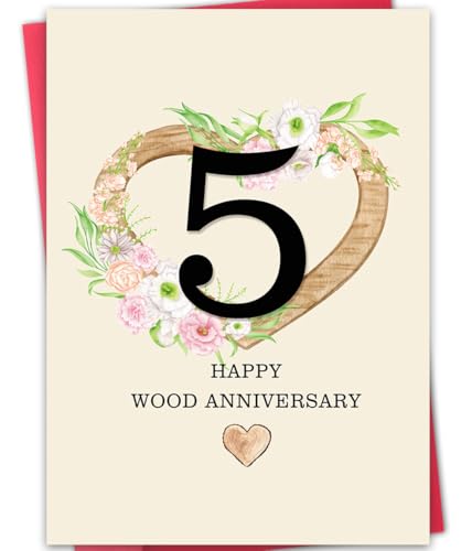 Bestmelo 5 Year Anniversary Card,5th Anniversary Card Gifts,5 Year Wedding Anniversary Day Gifts,Happy Wood Anniversary,8x5.3 Inches,Double-Sided